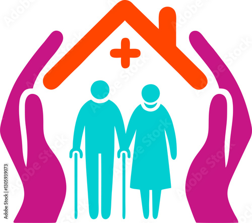Elderly Care Under Protective Hands and Medical Roof Symbolizing Safety and Healthcare Support for Seniors
