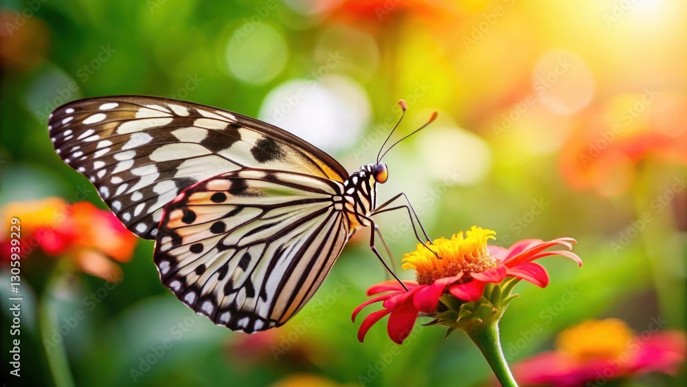 Fototapeta premium Close-up of a Rice Paper Butterfly perched on a flower in a garden, Rice Paper Butterfly, close-up, insect, wings