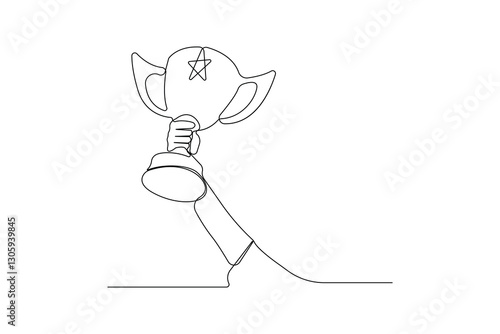 Hand holding winner trophy continuous line art drawing. Vector illustration.