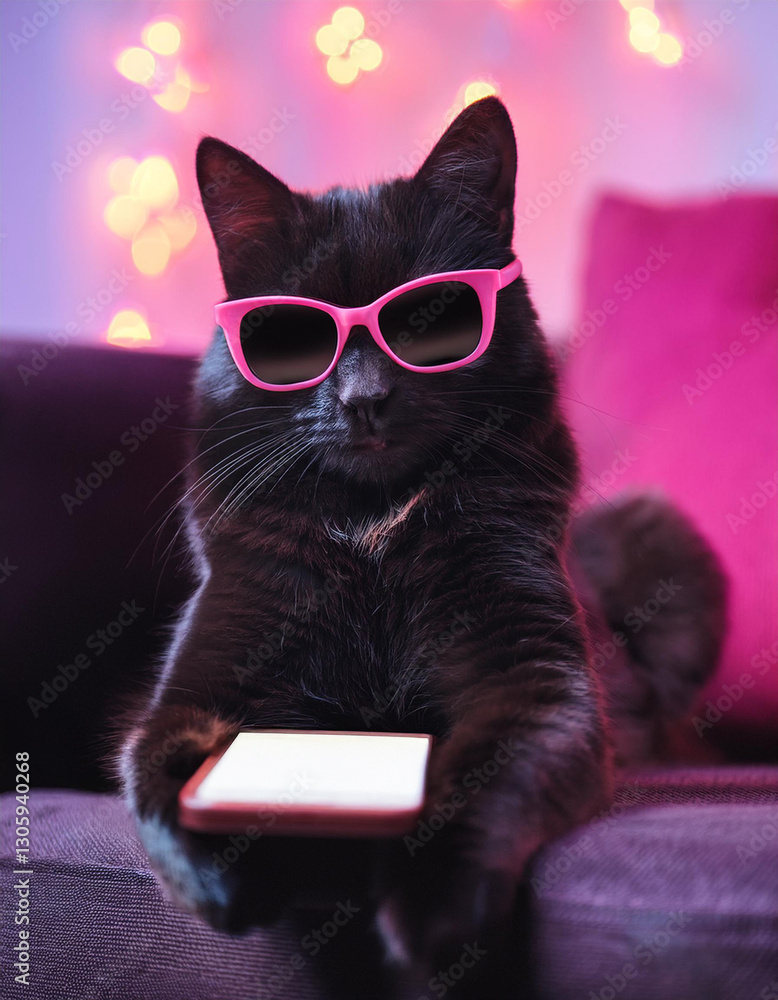 Creative concept photo of pet domestic cat sitting on sofa couch holding using smartphone chating surfing internet at cozy home interior.