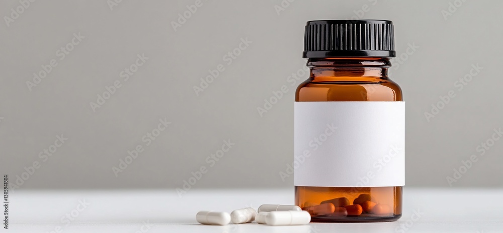 Amber bottle with pills, simple background, health supplement Amber bottle with pills, simple background, health supplement