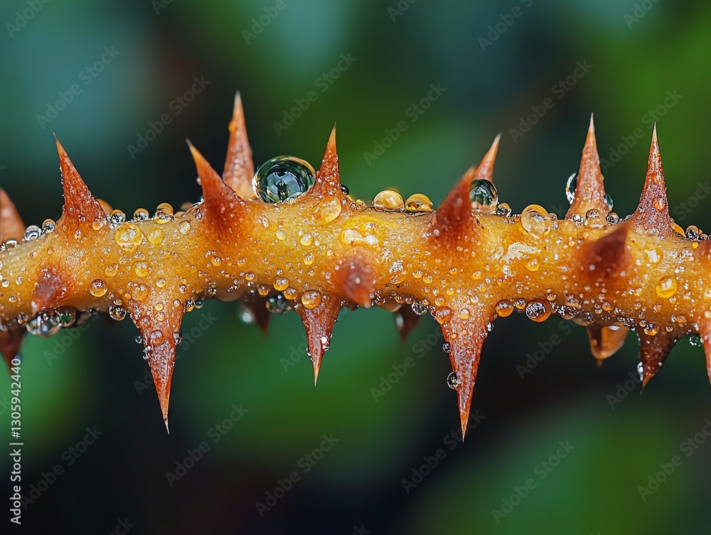 A dramatic macro shot of a water droplet suspended on the edge of a sharp flower thorn