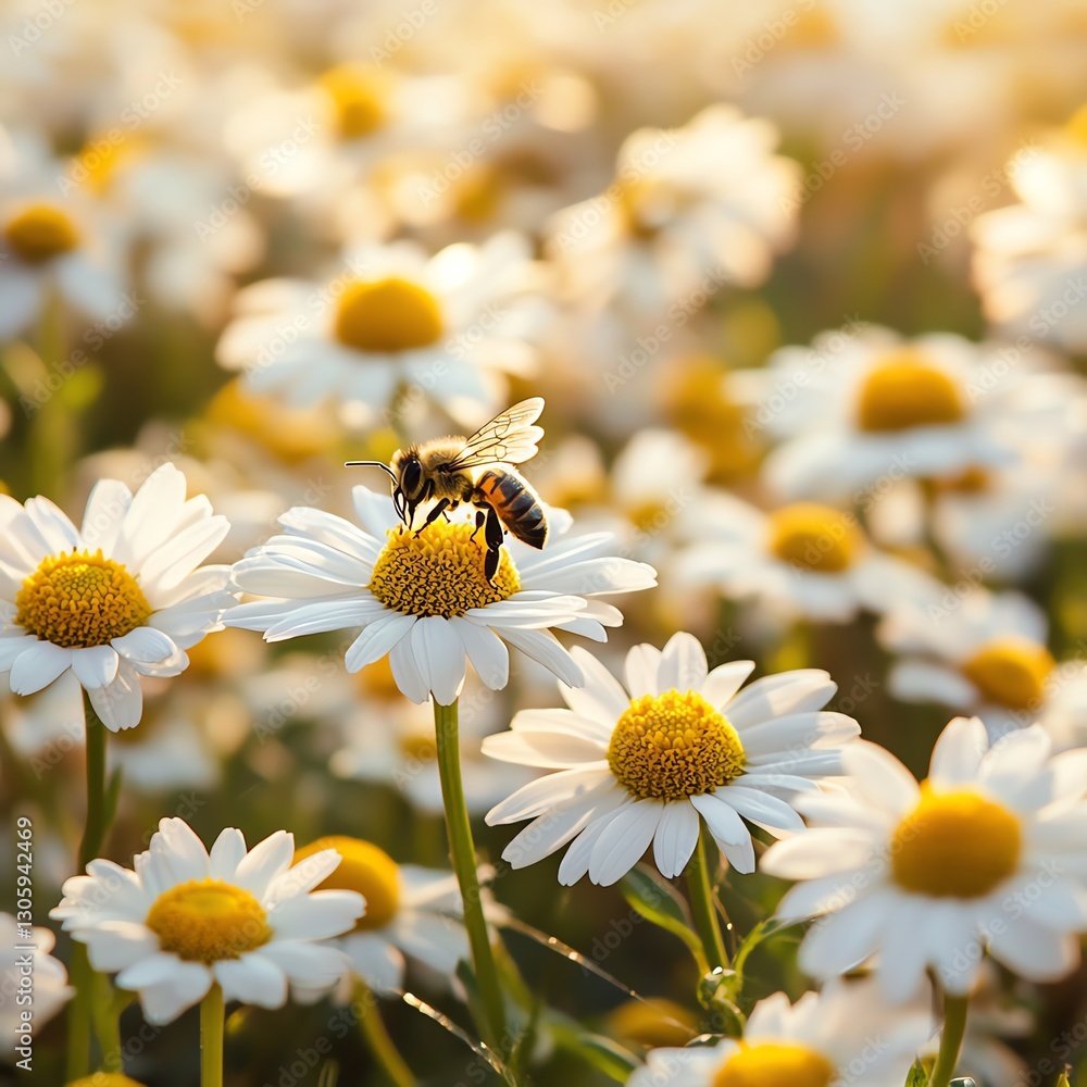 A field of daisies with multiple bees pollinating