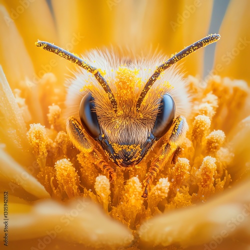 Closeup of a fuzzy honeybee nestled inside a daisy, extreme macro details of pollen dust, natural light, softfocus background, highresolution flower and insect photography photo