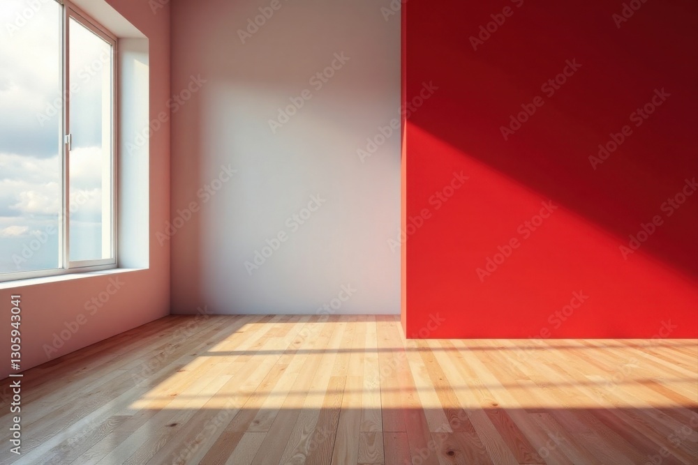 Bright Sunlight Illuminates an Empty Room with Light Walls and a Bold Red Accent Wall, Featuring Hardwood Floors and a Large Window Offering a View of the Sky