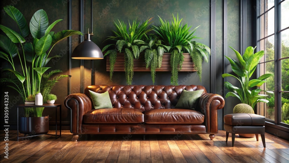Obraz premium Dark Brown Living Room, Leather Couch, Plants - Interior Design Photography