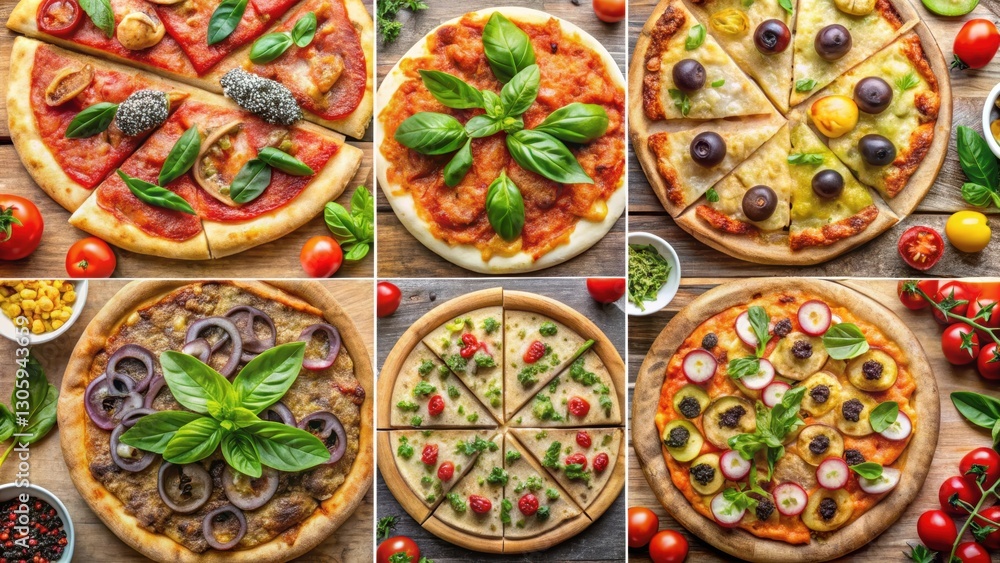Collage of various styles of pizza food, including classic, gourmet, and vegan options, pizza, food, collage, different styles Collage of various styles of pizza food, including classic, gourmet, and vegan options, pizza, food, collage, different styles