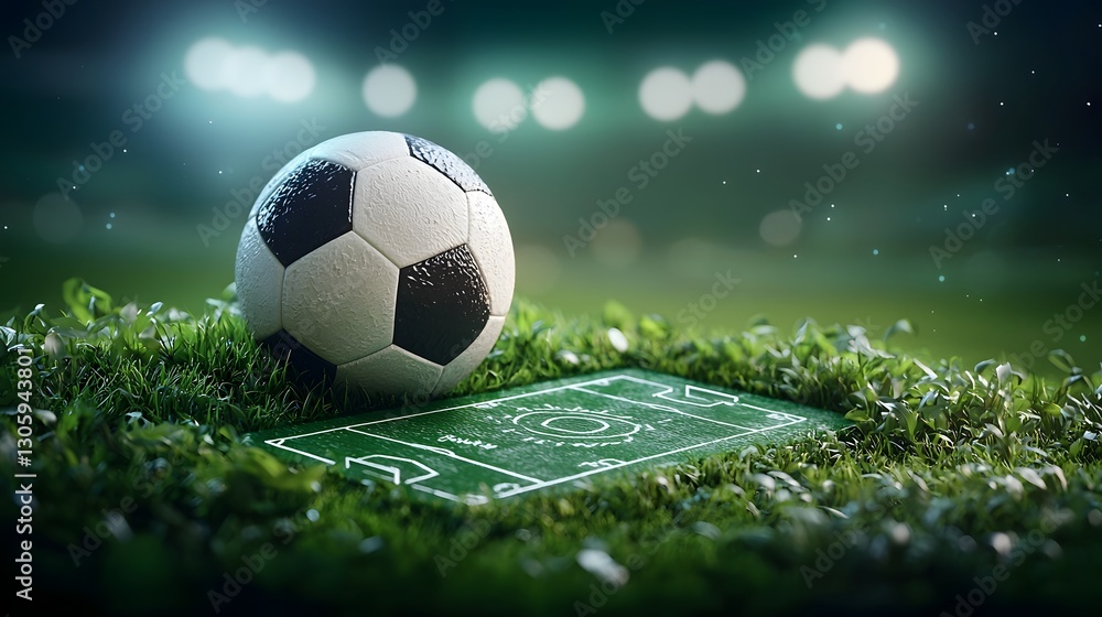 Naklejka premium Tactical Soccer Game Strategy Visualized on a Glass Board Overlaying a Lush Green Turf with Stadium Lighting Effects Showcasing a Professional Sports Training Atmosphere