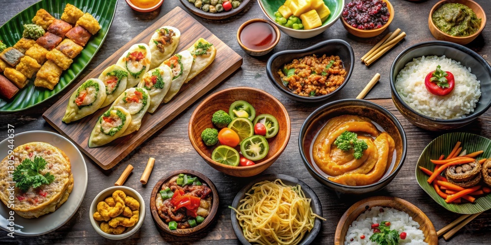 Stock photo of an assortment of international cuisine dishes, including sushi, pasta Stock photo of an assortment of international cuisine dishes, including sushi, pasta