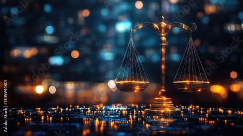 Futuristic Concept of AI-Powered Legal Analytics and Financial Regulation Processing in an Augmented Reality Style, Showcasing the Justice Scales Against a High-Tech Background