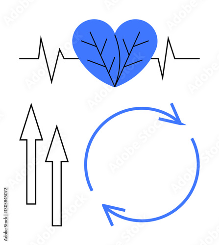 Heartbeat line merging into a blue leaf heart, upward arrows, and circular arrows. Ideal for health, sustainability, growth, ecosystem, vitality renewal and life cycle themes. Flat simple metaphor