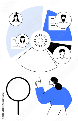 Gear at center of segmented chart surrounded by profile photos and documents. Person pointing at magnifying glass. Ideal for teamwork, collaboration, workflow, research, analysis, management