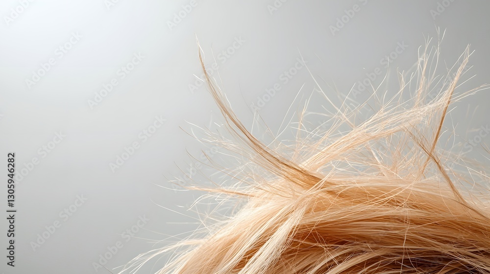 Fototapeta premium Close up detailed shot of dry frayed and frizzed hair strands with visible split ends isolated on a neutral grey background Concept of hair damage haircare hairtreatment and hairsalon services