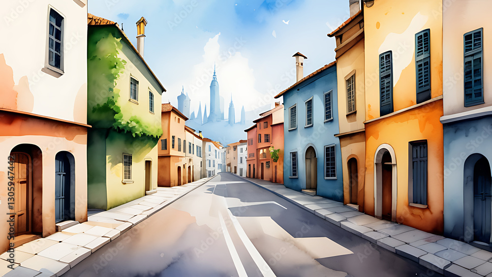 Fototapeta premium Watercolor Painting of Quaint European Town Street with Colorful Buildings