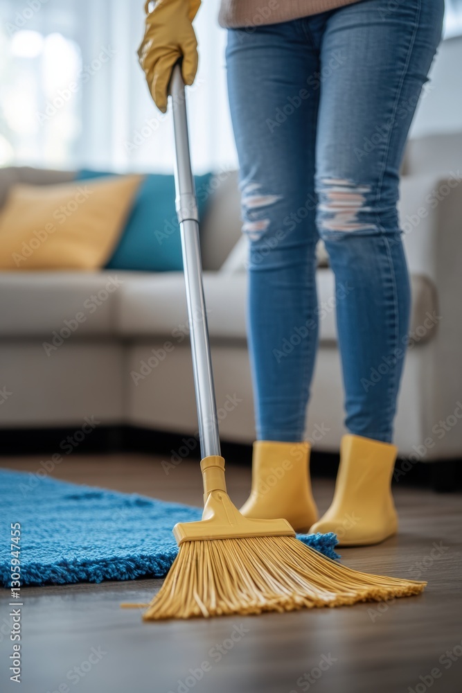 Housewife doing house cleaning during spring cleaning.