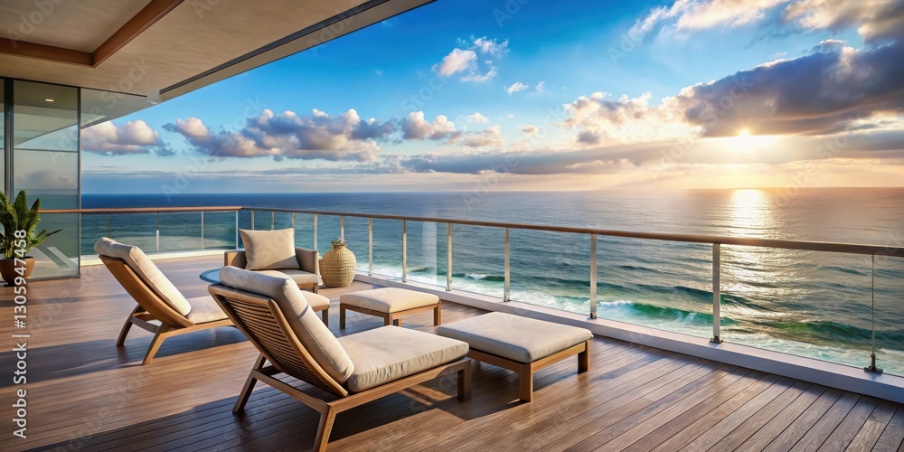 Fototapeta premium Luxurious balcony overlooking the ocean with plush lounge chairs and a stunning view , luxury, hotel, balcony