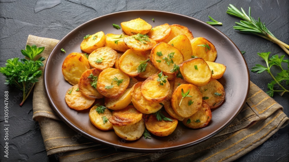 Delicious golden roasted potato slices arranged on a plate, food, savory, roasted Delicious golden roasted potato slices arranged on a plate, food, savory, roasted