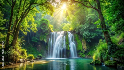 waterfall surrounded by lush green forest with sunlight filtering through the trees, scenery, wilderness ,  scenery
