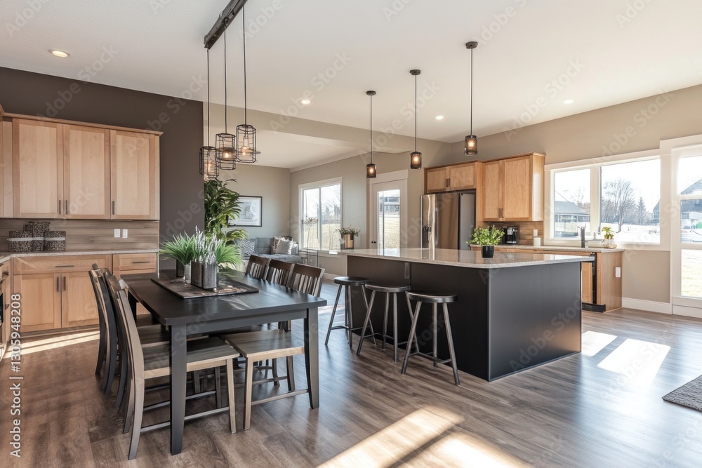 Fototapeta premium Bright, open-concept kitchen with dining area, island, and large windows.