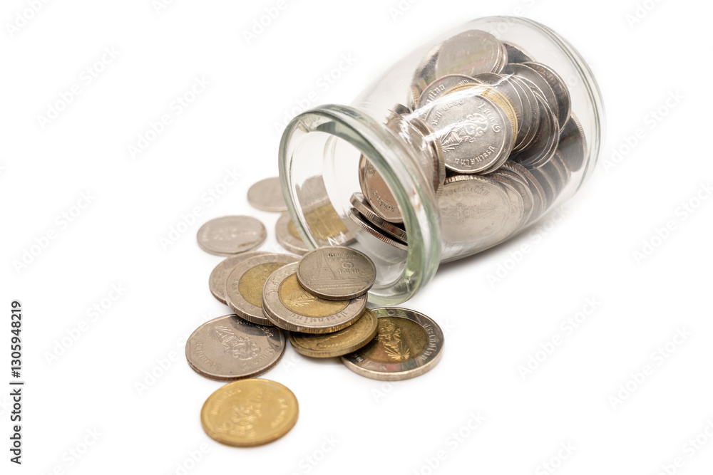 Thai Baht Coins spilled out of jar glass isolated on white background, saving for future, Investment business concept. Thai Baht Coins spilled out of jar glass isolated on white background, saving for future, Investment business concept.