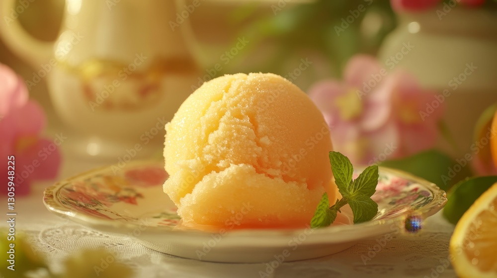 Refreshing Orange Sorbet Served on Elegant Floral Plate Refreshing Orange Sorbet Served on Elegant Floral Plate