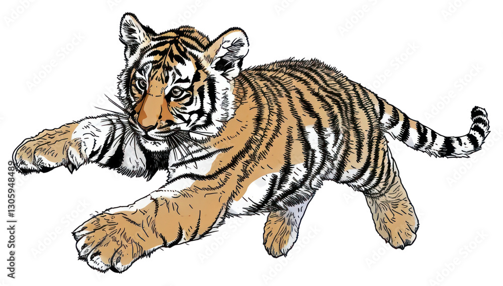 Obraz premium PNG Tiger cub jump wildlife drawing animal.