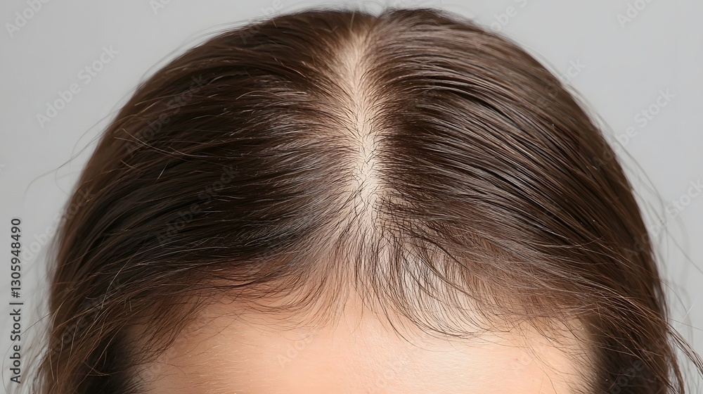 close up view of a parted scalp revealing a thinning hair pattern and reduced hair follicle density highlighting a potential hair loss or balding condition close up view of a parted scalp revealing a thinning hair pattern and reduced hair follicle density highlighting a potential hair loss or balding condition