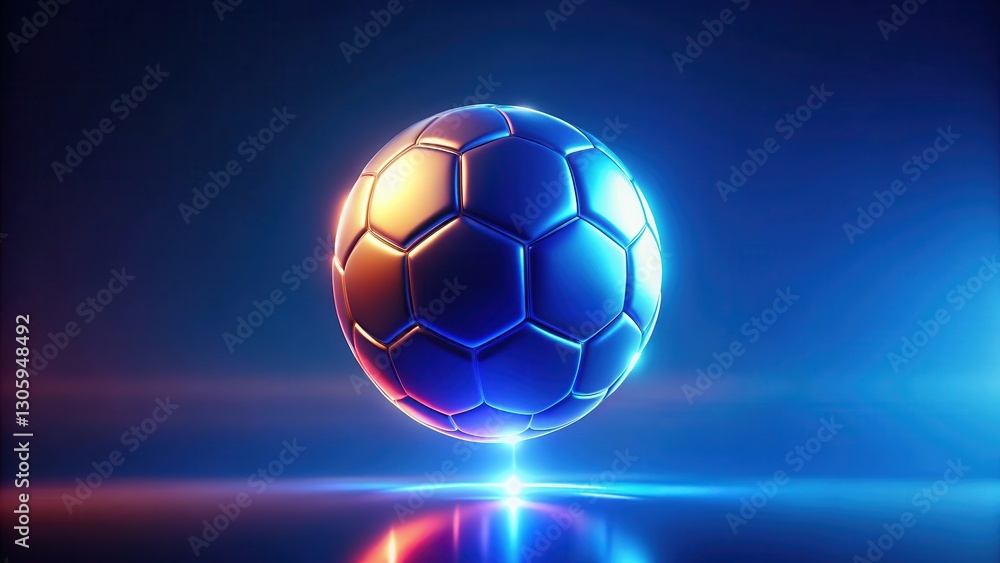 Fototapeta premium Glowing neon soccer ball suspended in mid-air above a deep blue gradient background, with subtle light reflections and a sense of dynamic movement , Visual Effects, Soccer Ball