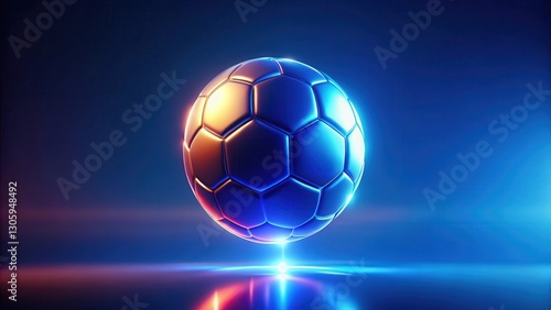Glowing neon soccer ball suspended in mid-air above a deep blue gradient background, with subtle light reflections and a sense of dynamic movement , Visual Effects, Soccer Ball