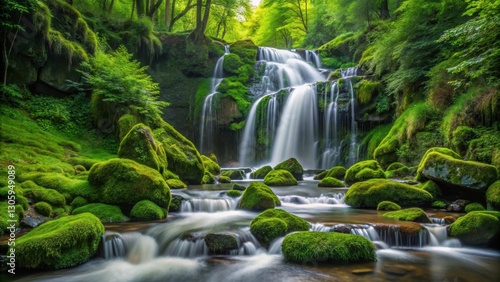 Natural waterfall cascading over moss-covered rocks in a lush green forest setting, waterfall, rocks, green moss