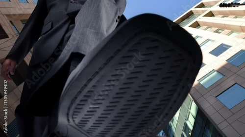 A big business man's shoe is stepping down with a city of buildings in the background for a employment or employee concept. Photo of mine animated with artificial intelligence.