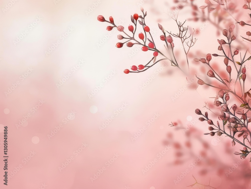 Fototapeta premium Soft pink background with plant elements and red berry branches, perfect for text overlay or design elements