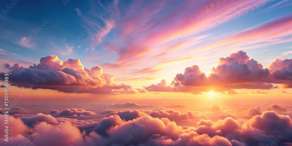 Fototapeta premium Softly glowing pink clouds float across a tranquil sky at sunrise
