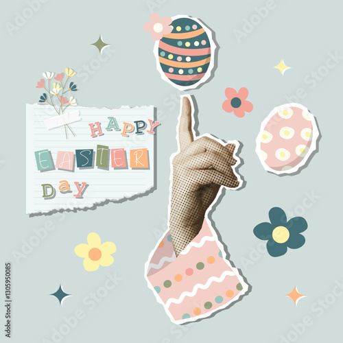 Easter Day collage with hand pointing and decorated eggs, vector illustration