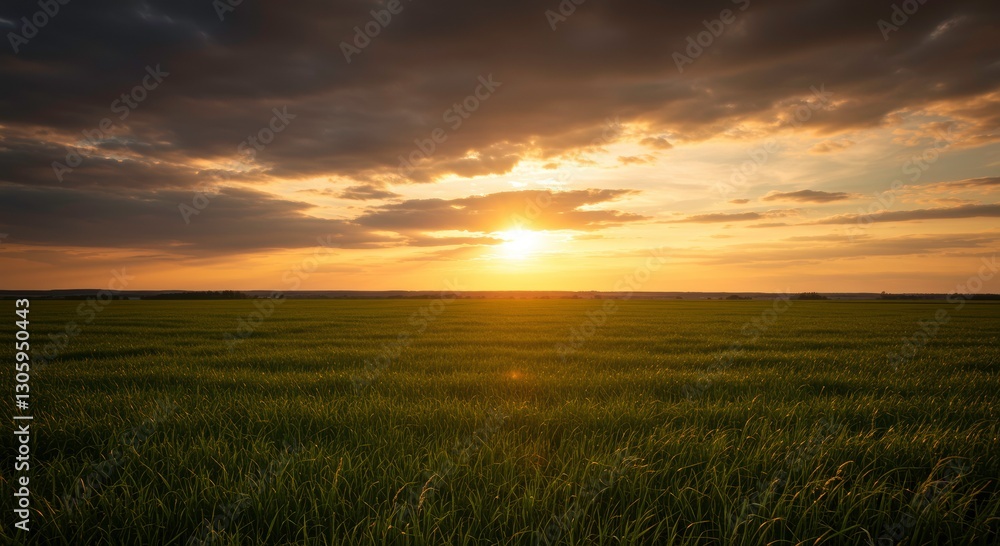 Golden Hour Over the Field: The sun sets over a vast, open field, casting a warm, golden glow across the landscape, the dramatic sky adding a touch of majestic beauty. Golden Hour Over the Field: The sun sets over a vast, open field, casting a warm, golden glow across the landscape, the dramatic sky adding a touch of majestic beauty.