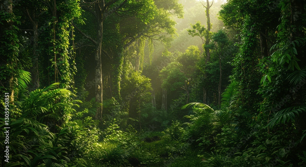 Obraz premium Sun-Dappled Canopy: Witness the magic of a lush rainforest canopy, where the sun's rays pierce through the dense foliage. This verdant vista reveals a vibrant ecosystem.