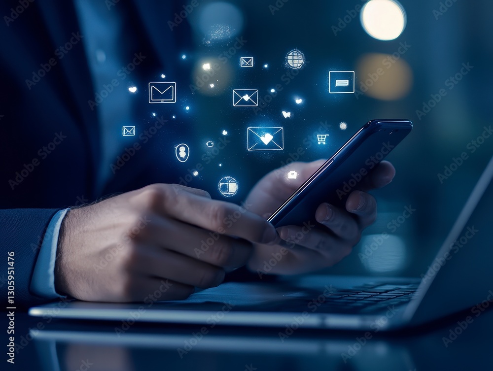 Person Using Smartphone with Floating Digital Icons in Background Person Using Smartphone with Floating Digital Icons in Background