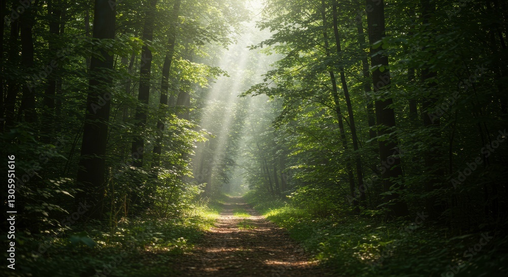 Obraz premium Pathway to Serenity: Sunlight filters through a dense canopy of trees, illuminating a peaceful forest trail. The path invites exploration, capturing a sense of tranquility and natural beauty.