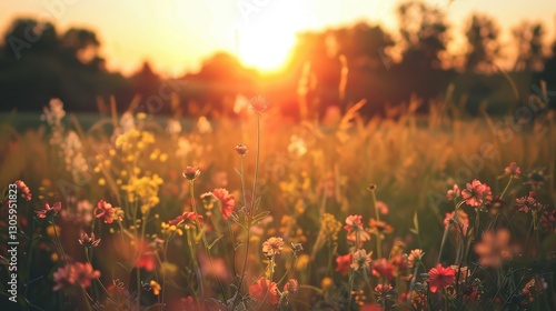 Vibrant sunrise illuminates blooming field with colorful flowers