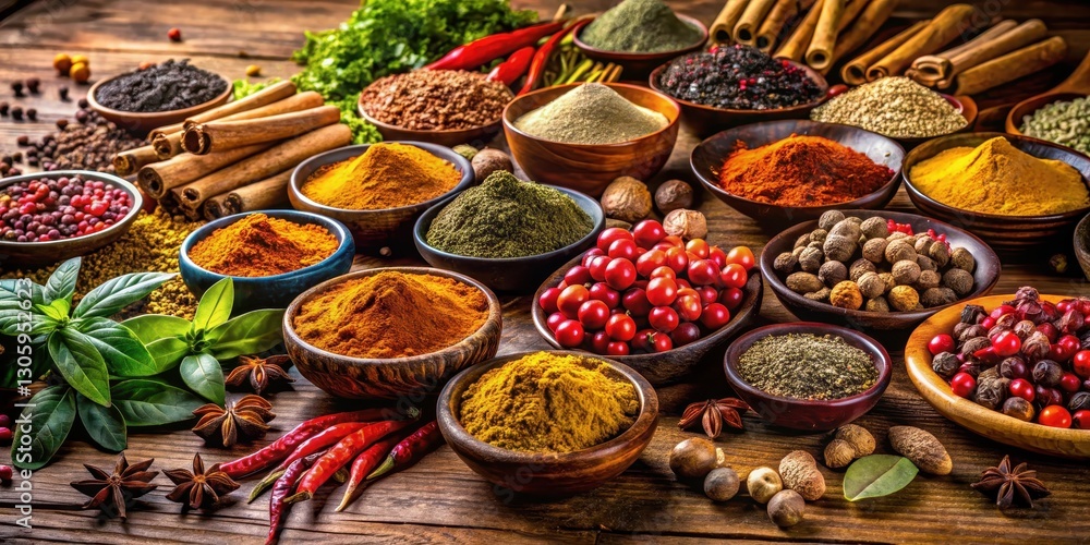 Traditional Indian wooden table laden with vibrant colorful spices and herbs in a decorative arrangement, indian culture, kitchenware Traditional Indian wooden table laden with vibrant colorful spices and herbs in a decorative arrangement, indian culture, kitchenware