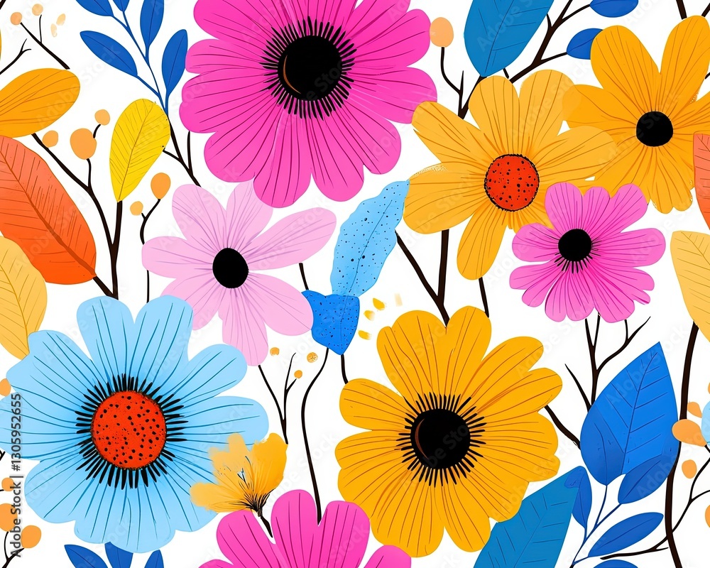 Vibrant Floral Pattern with Pink, Yellow, and Blue Flowers on a White Background Vibrant Floral Pattern with Pink, Yellow, and Blue Flowers on a White Background