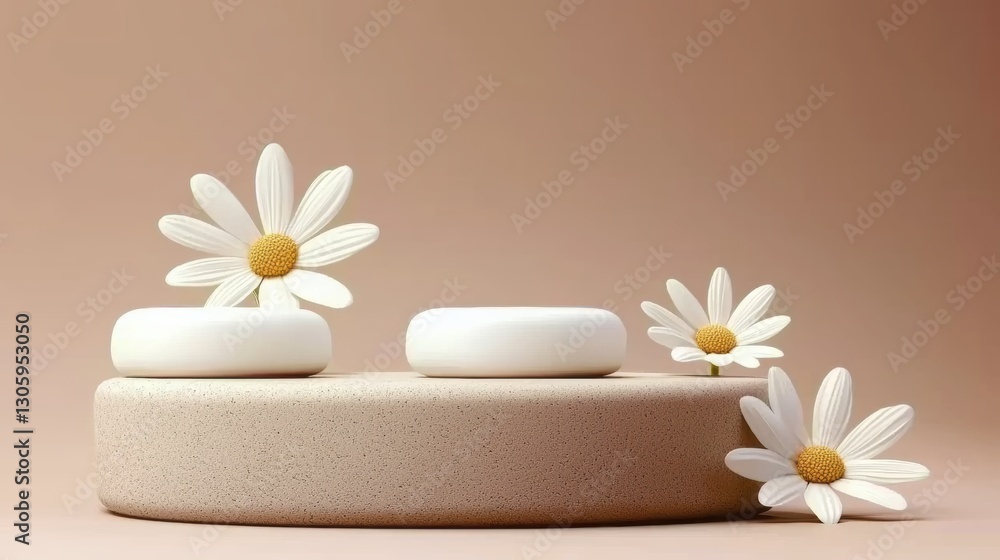 Elegant minimalist soap display with daisies soft beige background product photography tranquil environment close-up view Elegant minimalist soap display with daisies soft beige background product photography tranquil environment close-up view