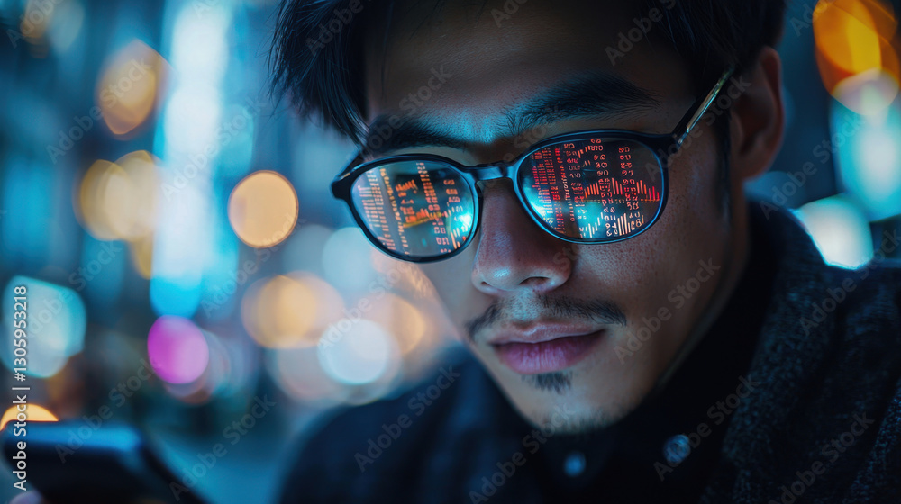 Urban exploration of a young man's reflection on digital culture city streets portrait nighttime close-up connection Urban exploration of a young man's reflection on digital culture city streets portrait nighttime close-up connection