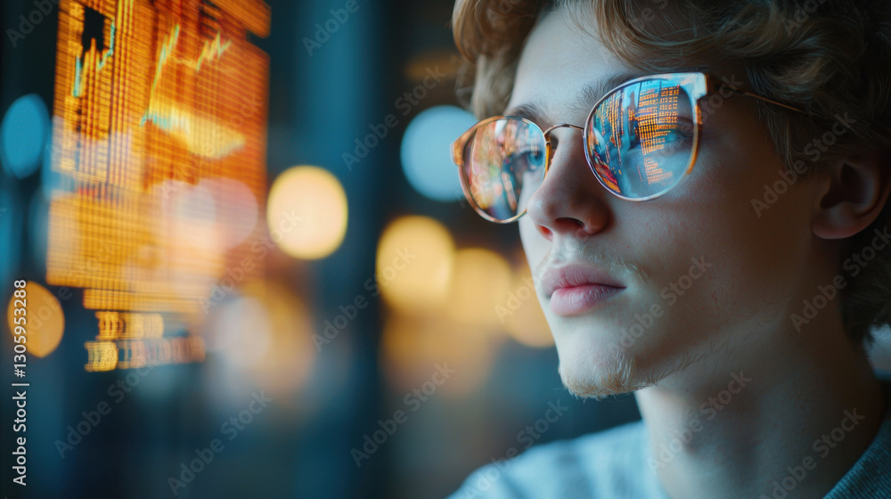 Focused young man analyzing data trends in urban office environment through stylish glasses Focused young man analyzing data trends in urban office environment through stylish glasses