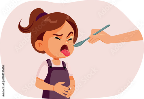 Unhappy Girl Disgusted By the Food her Mom Serves Vector Cartoon. Sick toddler feeling disgusted by the medicine from her caregiver  
 