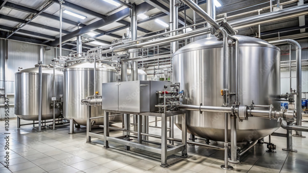 Large stainless steel pasteurization tank with valves and pumps in a industrial setting, industry Large stainless steel pasteurization tank with valves and pumps in a industrial setting, industry