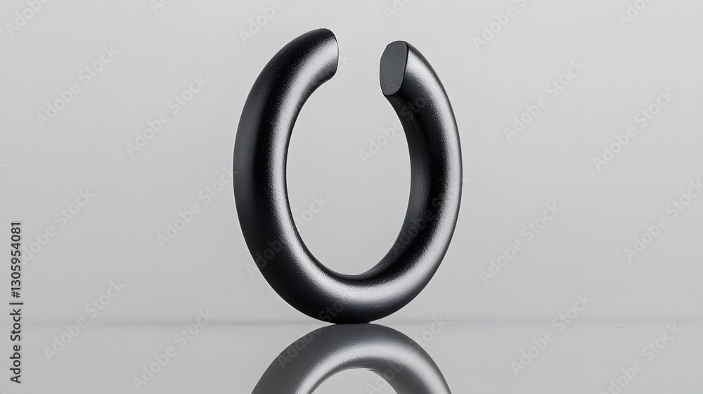 Obraz premium Matte Black Ring Magnet Placed on Reflective Background Minimalist Industrial Design Concept with Geometric Shapes and Metallic Textures