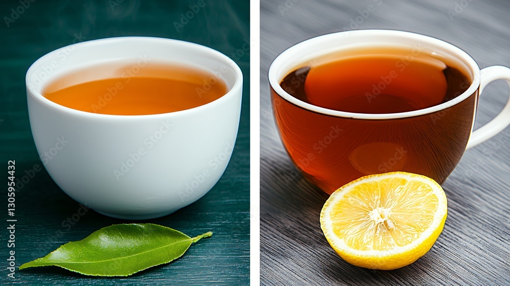 Two Cups of Tea with Lemon and Tea Leaf on Dark Background Two Cups of Tea with Lemon and Tea Leaf on Dark Background