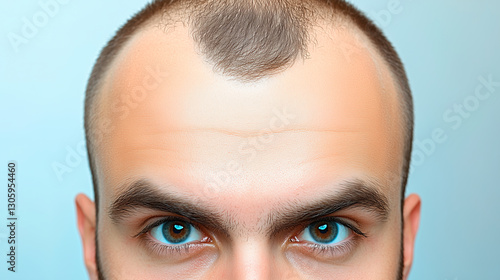 Close-up of a Man’s Forehead with Receding Hairline. Man’s forehead and eyes highlighting a receding hairline and hair loss, ideal for topics related to male baldness, hair care and dermatology photo