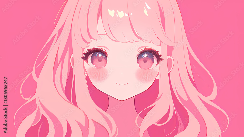 Cute anime girl with pink hair and sparkling eyes, set against a vibrant pink background, conveying joy Cute anime girl with pink hair and sparkling eyes, set against a vibrant pink background, conveying joy